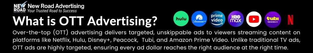 Over-the-top (OTT) advertising delivers targeted, unskippable ads to viewers streaming content on platforms like Netflix, Hulu, Disney+, Peacock, Tubi, and Amazon Prime Video. Unlike traditional TV ads, OTT ads are highly targeted, ensuring every ad dollar reaches the right audience at the right time.
