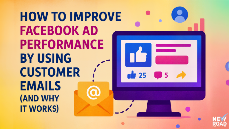 “How to improve Facebook ad performance by using customer emails (and why it works).” Includes an email envelope icon with an @ symbol. Marketing graphic about boosting Facebook advertising results through email targeting.